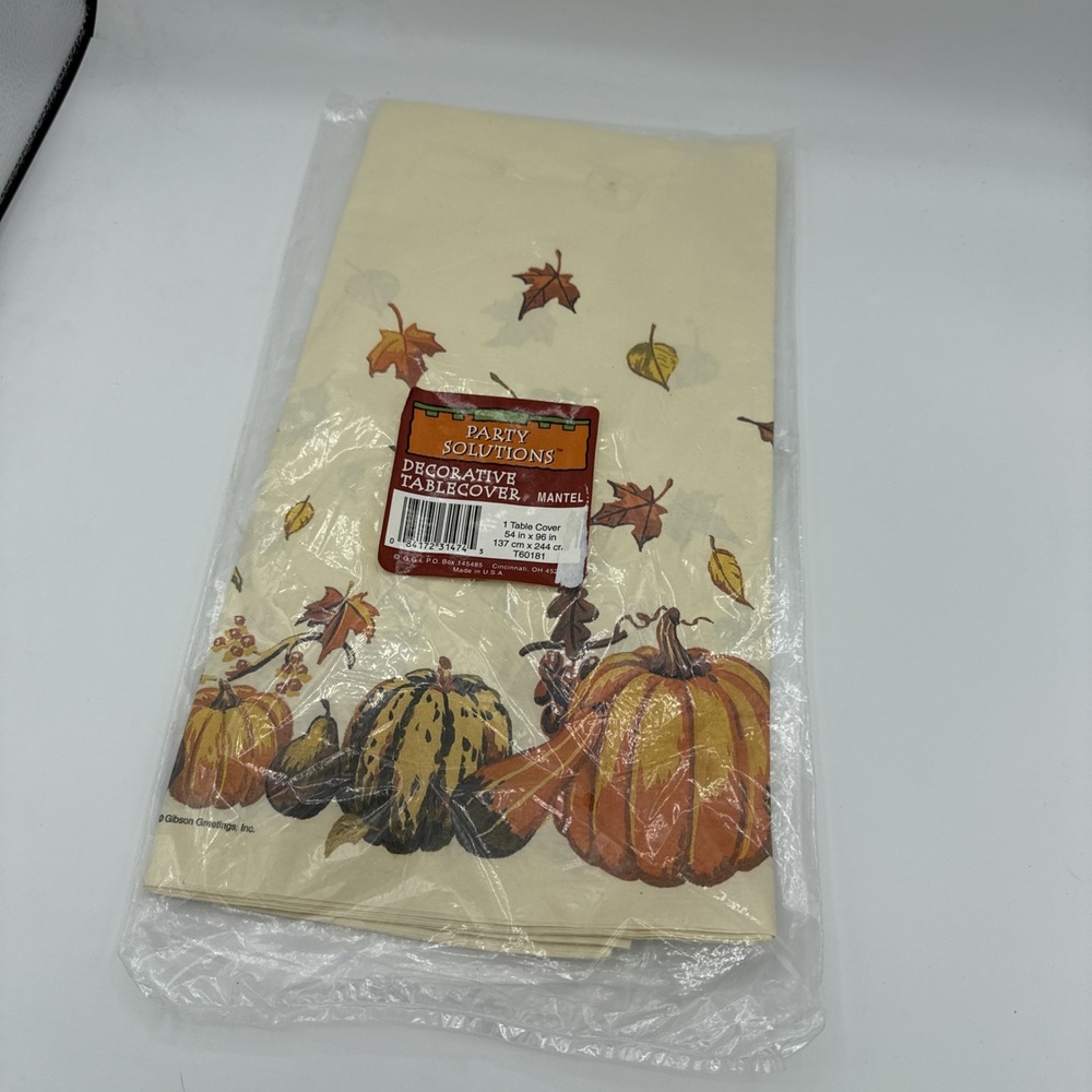 Vintage Gibson Greetings Fall Autumn Leaves Paper TableCloth Cover 54x96 Gourds